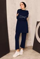 Tesettür giyim LACİVERT İNCİ DETAYLI PANTOLONLU TAKIM T 8672