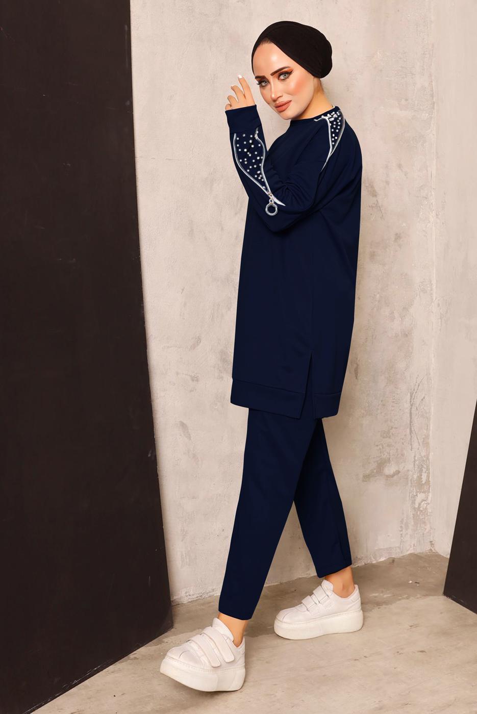 Tesettür giyim LACİVERT İNCİ DETAYLI PANTOLONLU TAKIM T 8672
