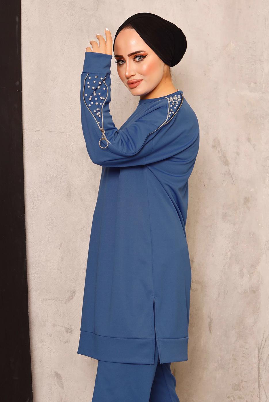 Hijab clothing NAVY BLUE TRACKSUIT SET WITH PEARL DETAIL T 8672