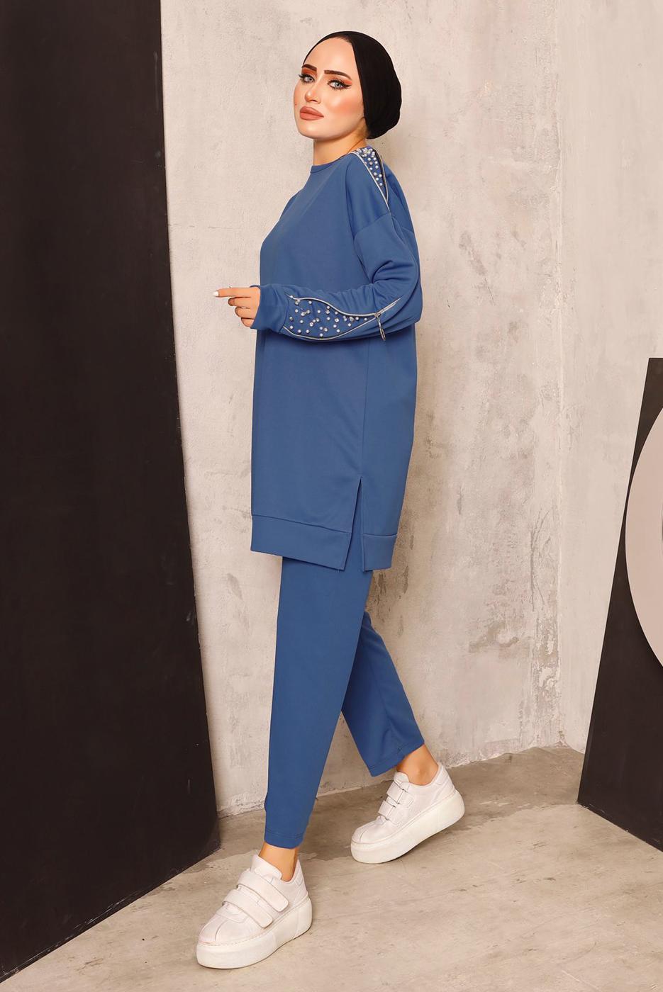 Hijab clothing NAVY BLUE TRACKSUIT SET WITH PEARL DETAIL T 8672