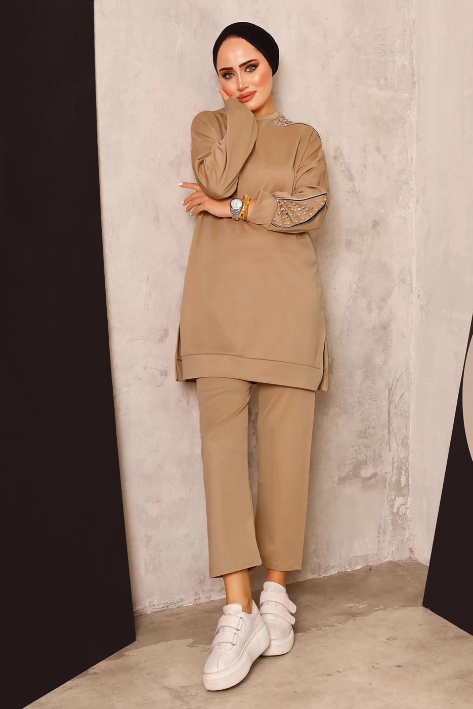 Tesettür giyim KAHVE İNCİ DETAYLI PANTOLONLU TAKIM T 8672