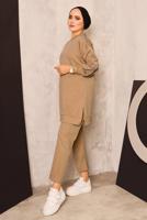 Tesettür giyim KAHVE İNCİ DETAYLI PANTOLONLU TAKIM T 8672