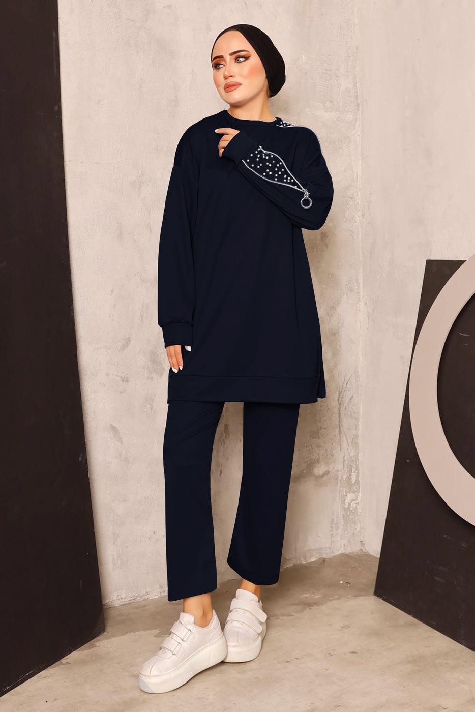 Hijab clothing NAVY BLUE TRACKSUIT SET WITH PEARL DETAIL T 8672