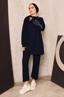 Hijab clothing NAVY BLUE TRACKSUIT SET WITH PEARL DETAIL T 8672