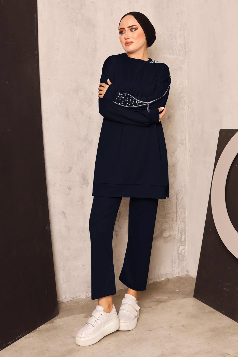 Hijab clothing NAVY BLUE TRACKSUIT SET WITH PEARL DETAIL T 8672