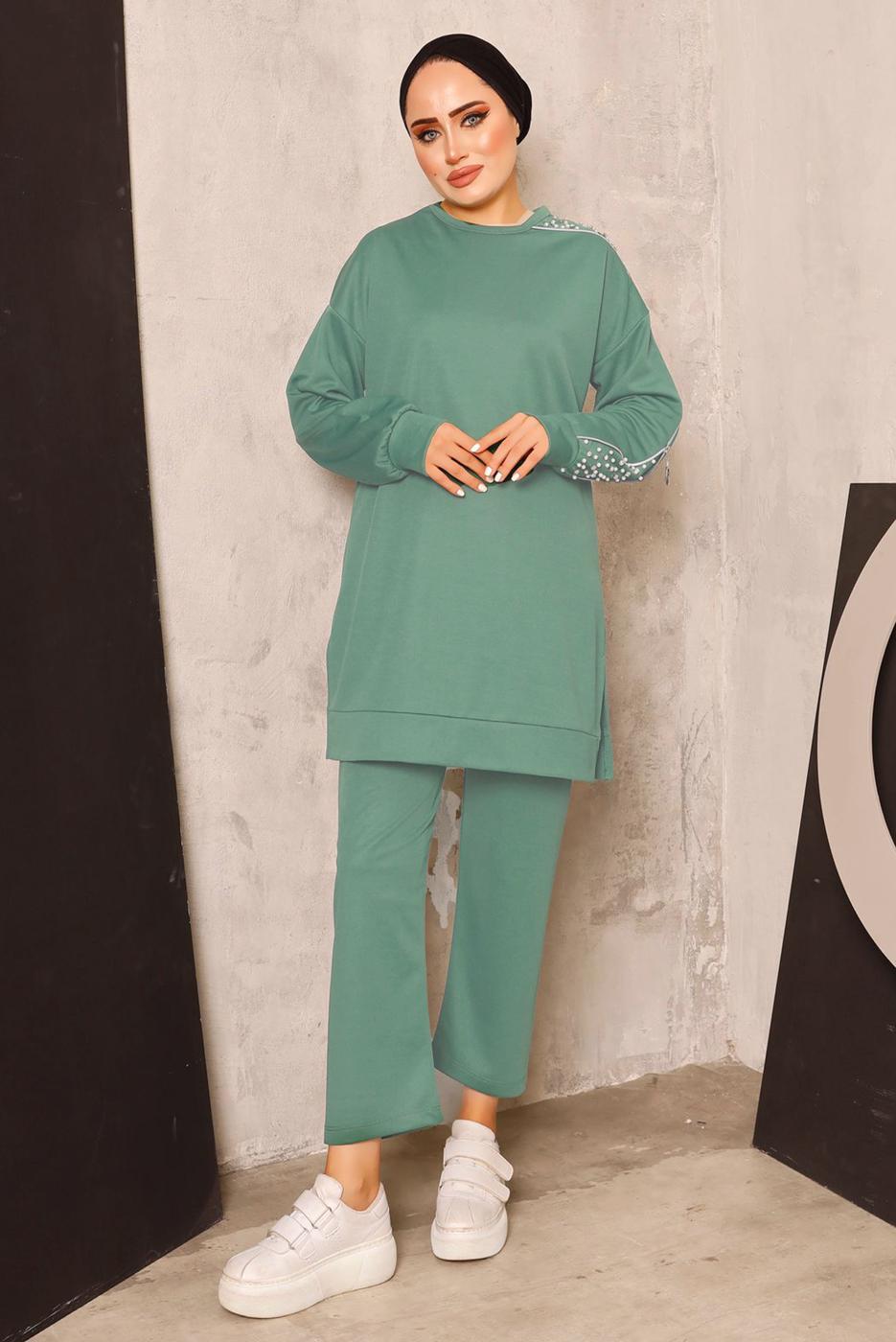 Tesettür giyim YEŞİL İNCİ DETAYLI PANTOLONLU TAKIM T 8672
