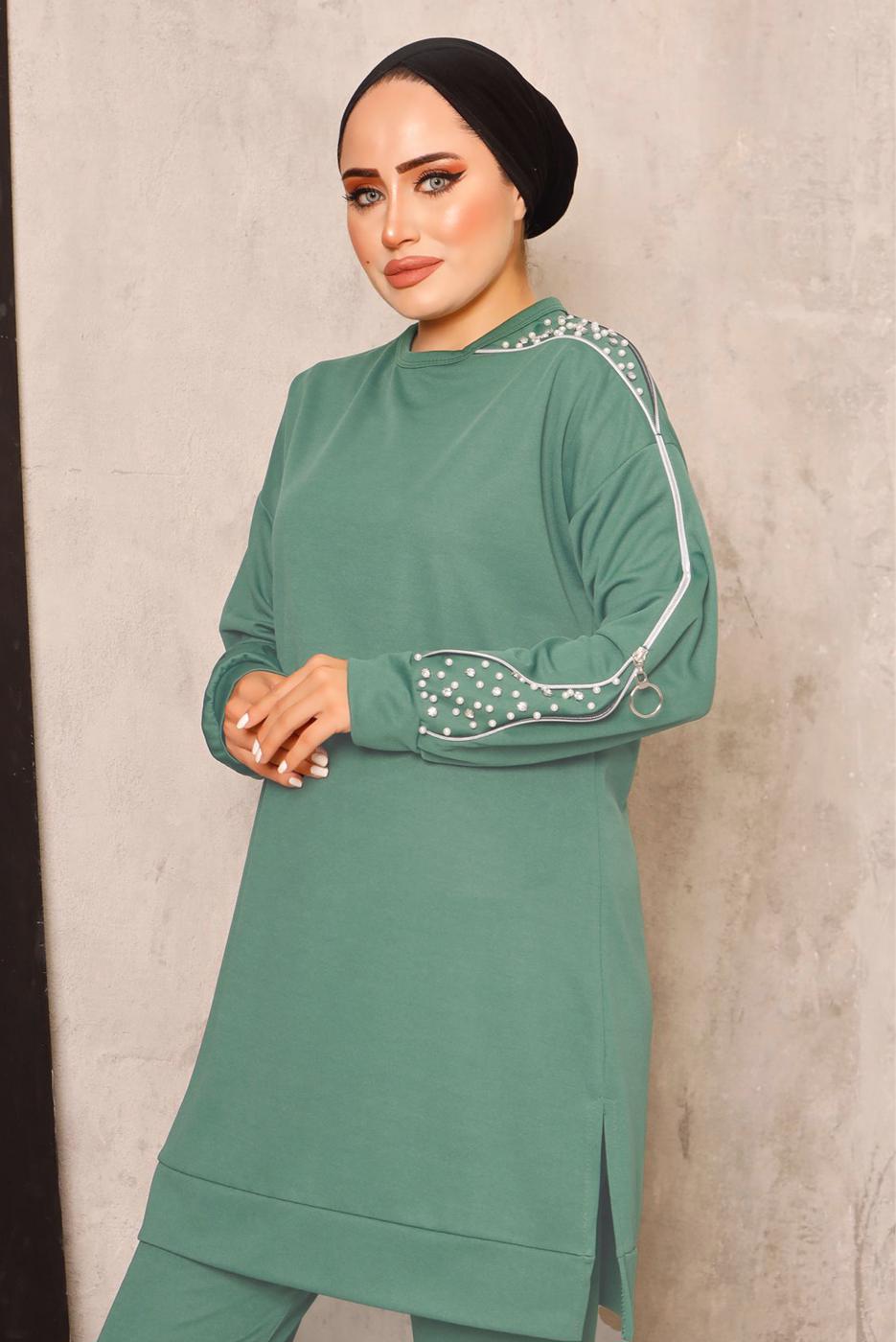 Tesettür giyim YEŞİL İNCİ DETAYLI PANTOLONLU TAKIM T 8672