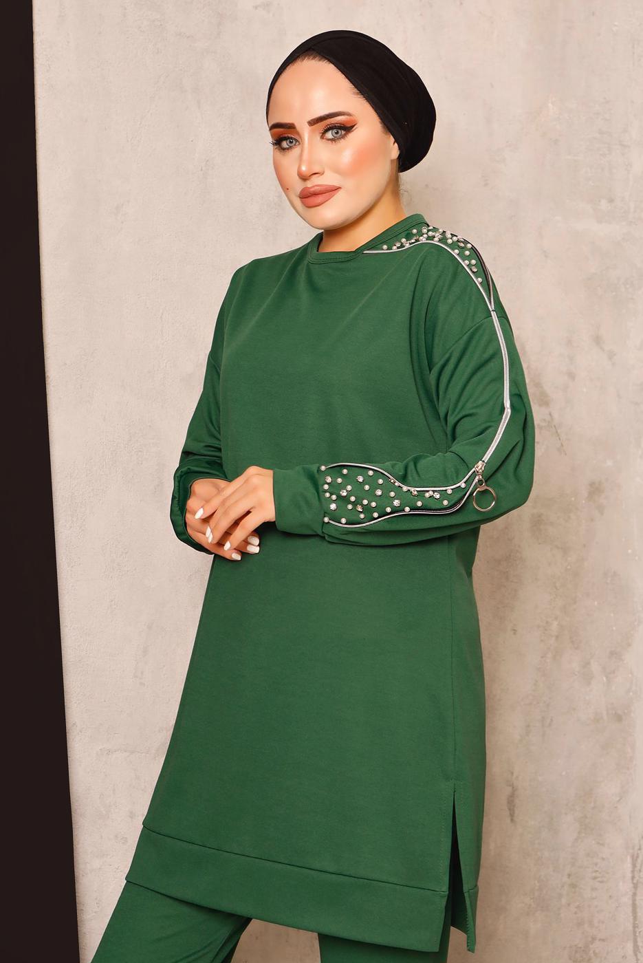 Tesettür giyim YEŞİL İNCİ DETAYLI PANTOLONLU TAKIM T 8672
