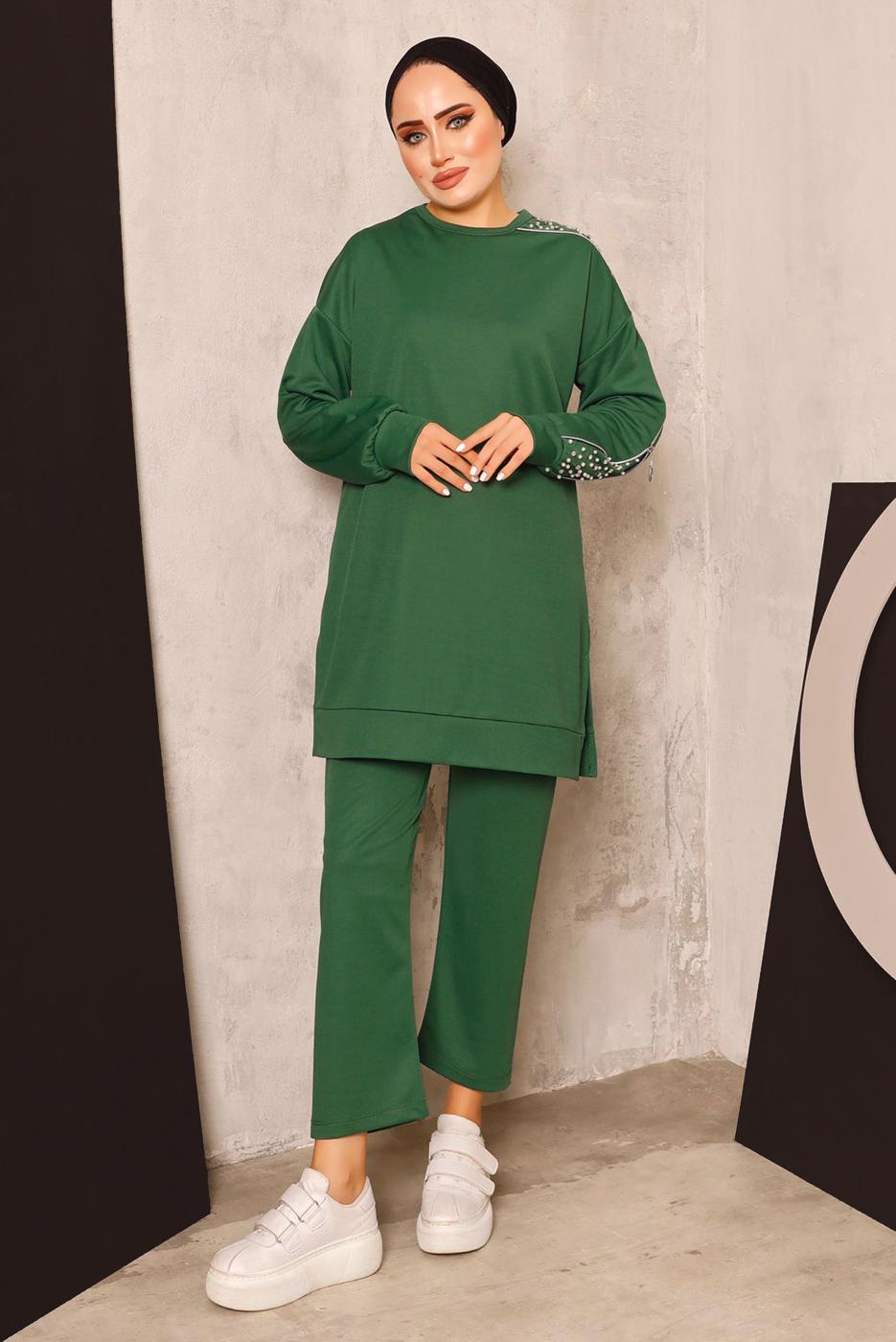 Tesettür giyim YEŞİL İNCİ DETAYLI PANTOLONLU TAKIM T 8672