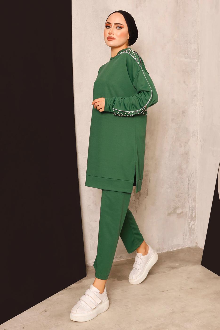 Tesettür giyim YEŞİL İNCİ DETAYLI PANTOLONLU TAKIM T 8672