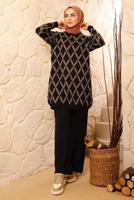 Tesettür giyim SİYAH BAKLAVA DESENLİ TRİKO TAKIM 8692 