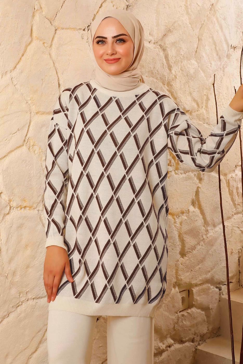 Tesettür giyim EKRU BAKLAVA DESENLİ TRİKO TAKIM 8692 