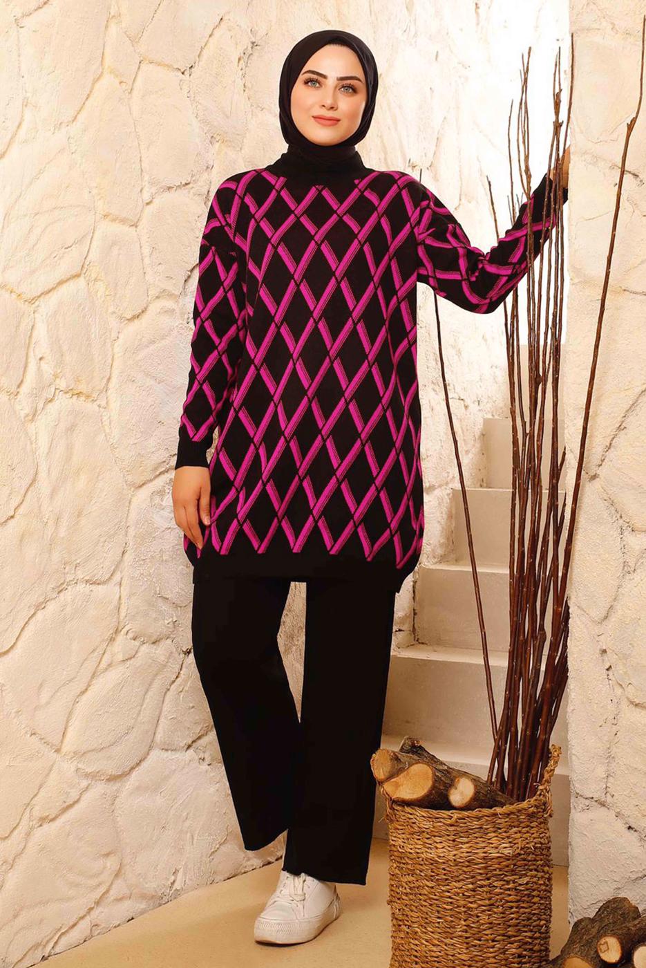 Tesettür giyim FUŞYA BAKLAVA DESENLİ TRİKO TAKIM 8692 