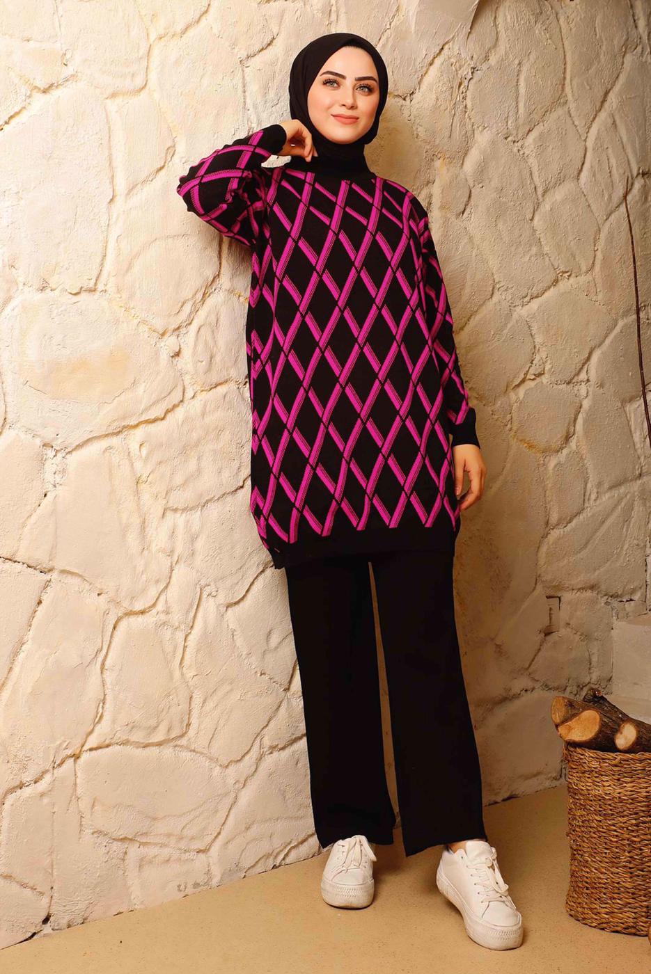 Tesettür giyim FUŞYA BAKLAVA DESENLİ TRİKO TAKIM 8692 