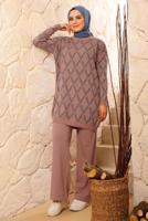 Tesettür giyim PUDRA BAKLAVA DESENLİ TRİKO TAKIM 8692 