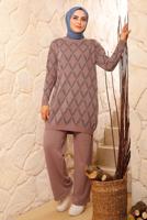 Tesettür giyim PUDRA BAKLAVA DESENLİ TRİKO TAKIM 8692 