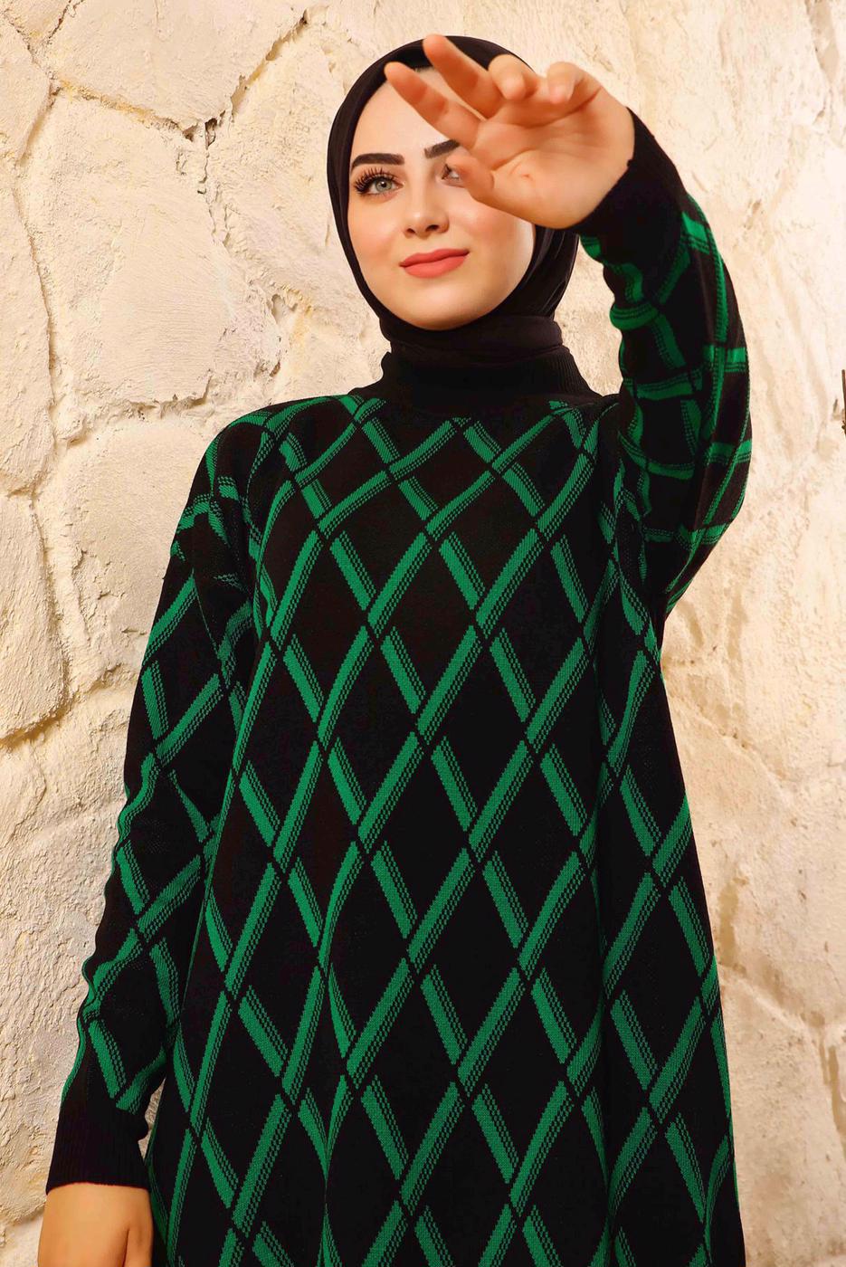 Tesettür giyim YEŞİL BAKLAVA DESENLİ TRİKO TAKIM 8692 