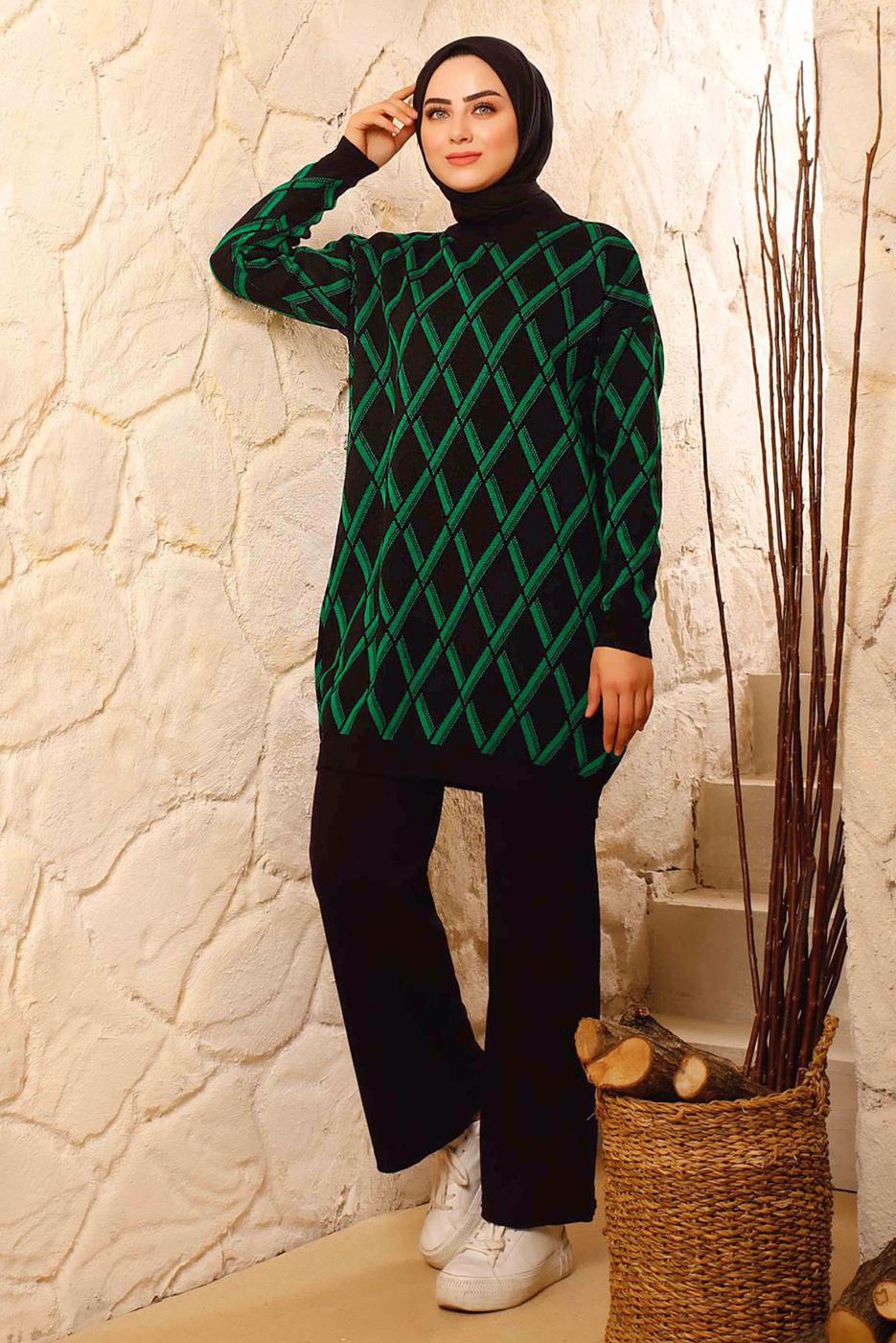 Tesettür giyim YEŞİL BAKLAVA DESENLİ TRİKO TAKIM 8692 