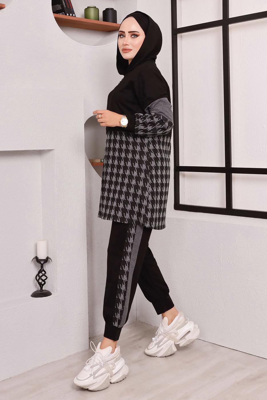Tesettür giyim SİYAH KAZ AYAĞI DESENLİ CEKETLİ PANTOLONLU TAKIM 9472 