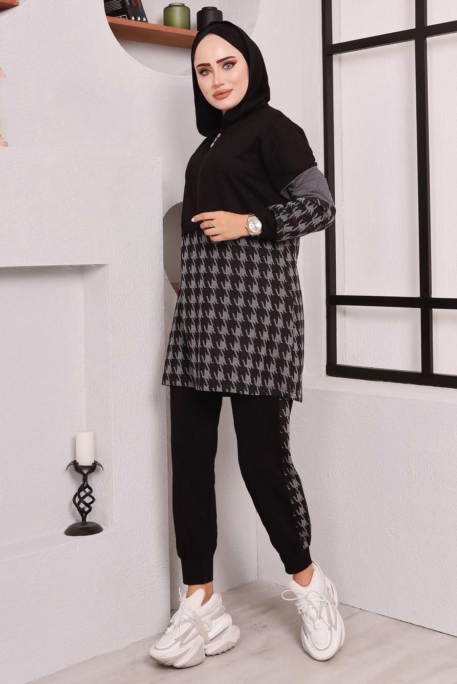 Tesettür giyim SİYAH KAZ AYAĞI DESENLİ CEKETLİ PANTOLONLU TAKIM 9472 