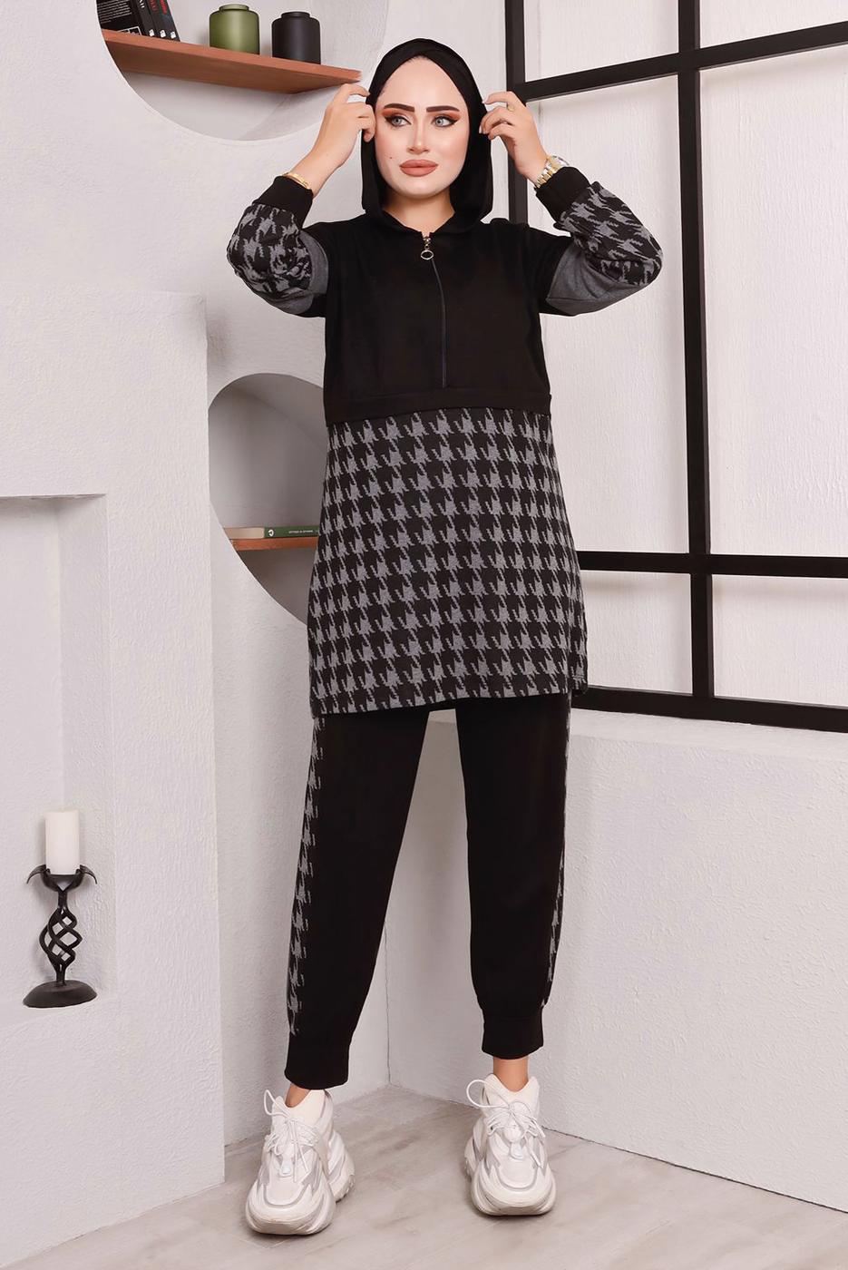 Tesettür giyim SİYAH KAZ AYAĞI DESENLİ CEKETLİ PANTOLONLU TAKIM 9472 