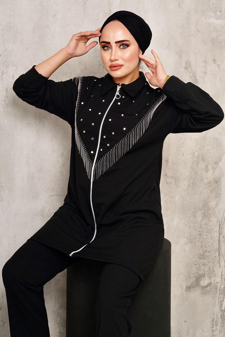 Tesettür giyim SİYAH PÜSKÜL DETAYLI ZIMBALI PANTOLONLU TAKIM 9572