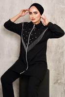 Tesettür giyim SİYAH PÜSKÜL DETAYLI ZIMBALI PANTOLONLU TAKIM 9572