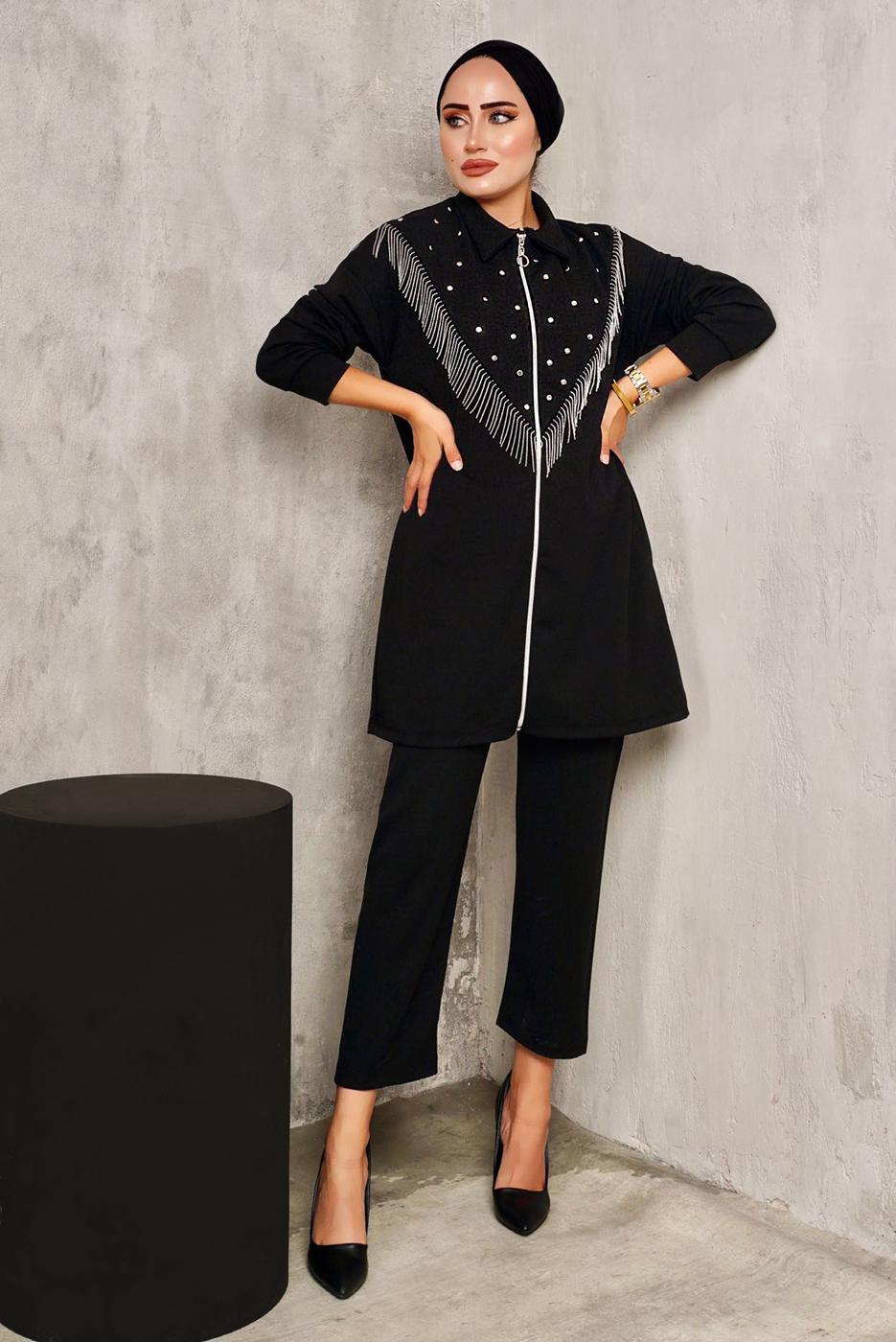 Tesettür giyim SİYAH PÜSKÜL DETAYLI ZIMBALI PANTOLONLU TAKIM 9572