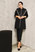 Tesettür giyim SİYAH PÜSKÜL DETAYLI ZIMBALI PANTOLONLU TAKIM 9572