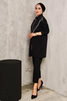 Tesettür giyim SİYAH PÜSKÜL DETAYLI ZIMBALI PANTOLONLU TAKIM 9572