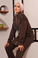 Tesettür giyim KAHVE PÜSKÜL DETAYLI ZIMBALI PANTOLONLU TAKIM 9572