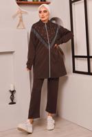Tesettür giyim KAHVE PÜSKÜL DETAYLI ZIMBALI PANTOLONLU TAKIM 9572