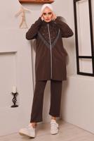 Tesettür giyim KAHVE PÜSKÜL DETAYLI ZIMBALI PANTOLONLU TAKIM 9572