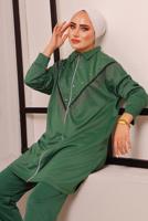 Tesettür giyim YEŞİL PÜSKÜL DETAYLI ZIMBALI PANTOLONLU TAKIM 9572