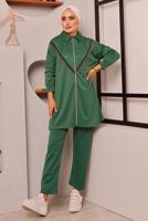 Tesettür giyim YEŞİL PÜSKÜL DETAYLI ZIMBALI PANTOLONLU TAKIM 9572