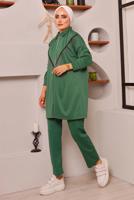 Tesettür giyim YEŞİL PÜSKÜL DETAYLI ZIMBALI PANTOLONLU TAKIM 9572
