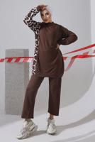 Tesettür giyim KAHVE DESENLİ PANTOLONLU TAKIM 9682 