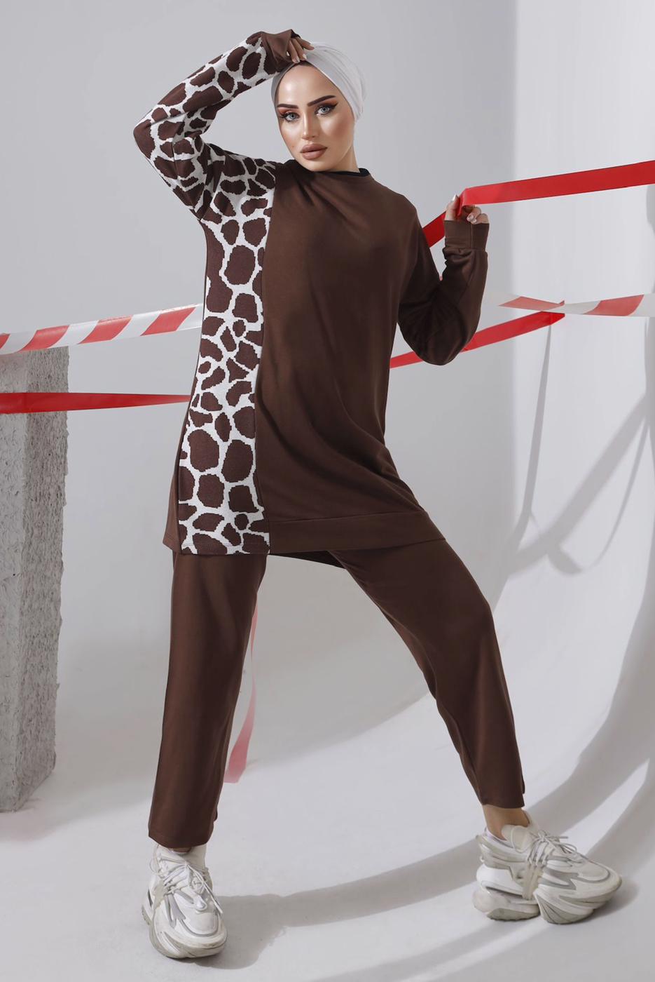 Tesettür giyim KAHVE DESENLİ PANTOLONLU TAKIM 9682 