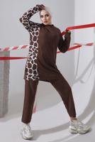 Tesettür giyim KAHVE DESENLİ PANTOLONLU TAKIM 9682 