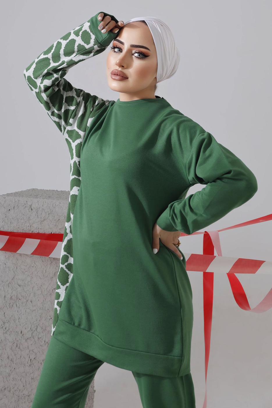 Tesettür giyim YEŞİL DESENLİ PANTOLONLU TAKIM 9682 