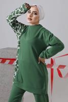 Tesettür giyim YEŞİL DESENLİ PANTOLONLU TAKIM 9682 