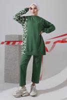 Tesettür giyim YEŞİL DESENLİ PANTOLONLU TAKIM 9682 