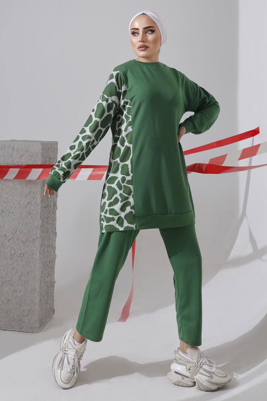 Tesettür giyim YEŞİL DESENLİ PANTOLONLU TAKIM 9682 