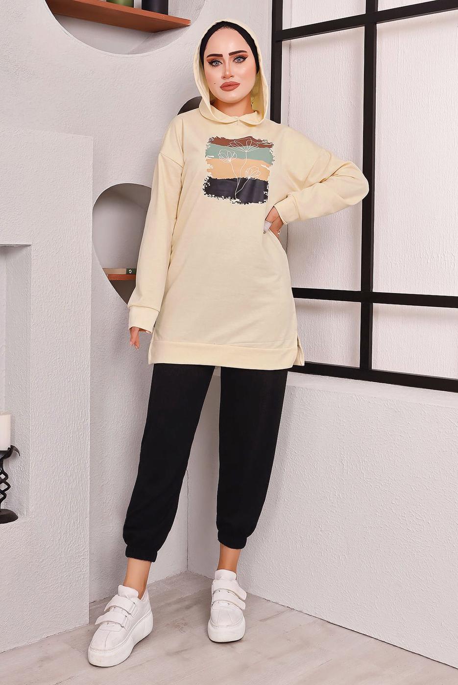 Tesettür giyim SİYAH BASKILI PANTOLONLU TAKIM 9872 