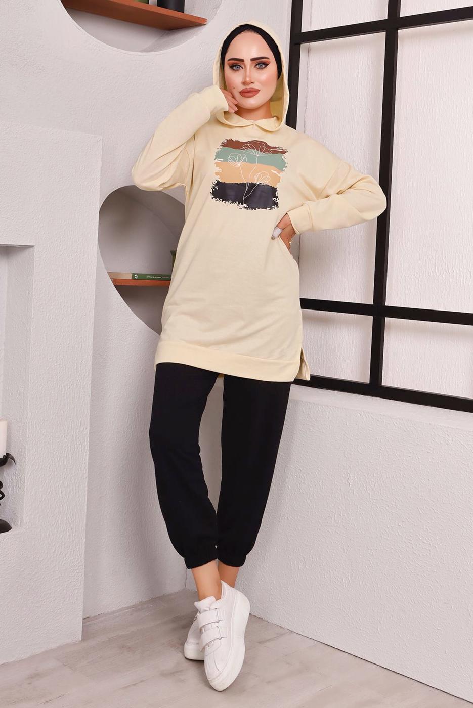 Tesettür giyim SİYAH BASKILI PANTOLONLU TAKIM 9872 