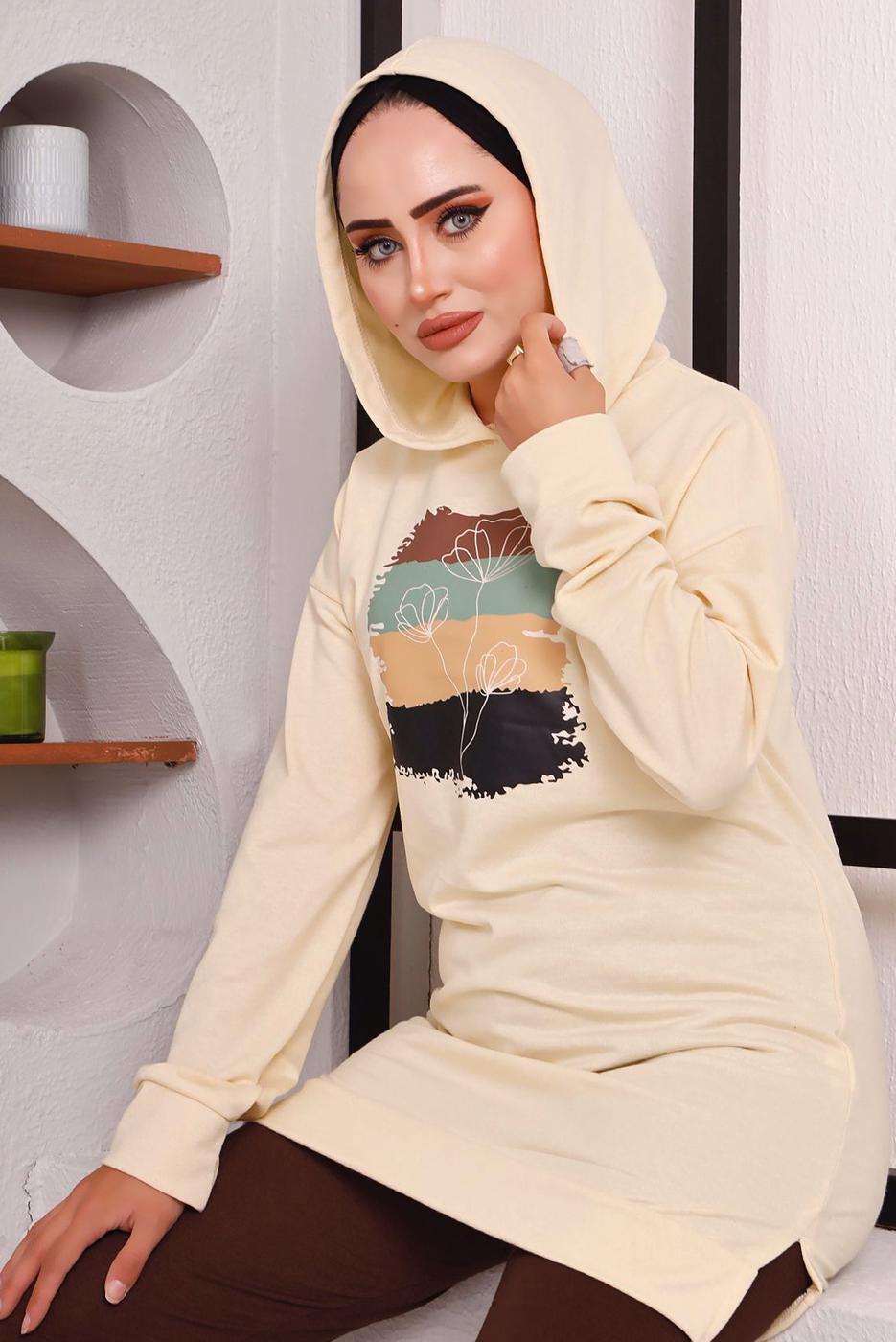 Tesettür giyim KAHVE BASKILI PANTOLONLU TAKIM 9872 