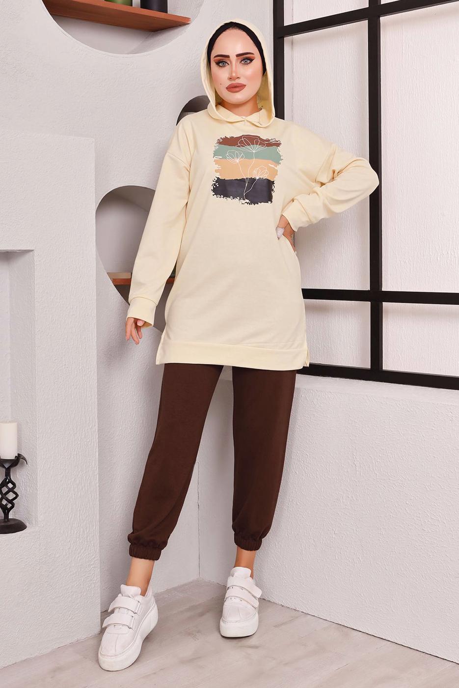 Tesettür giyim KAHVE BASKILI PANTOLONLU TAKIM 9872 