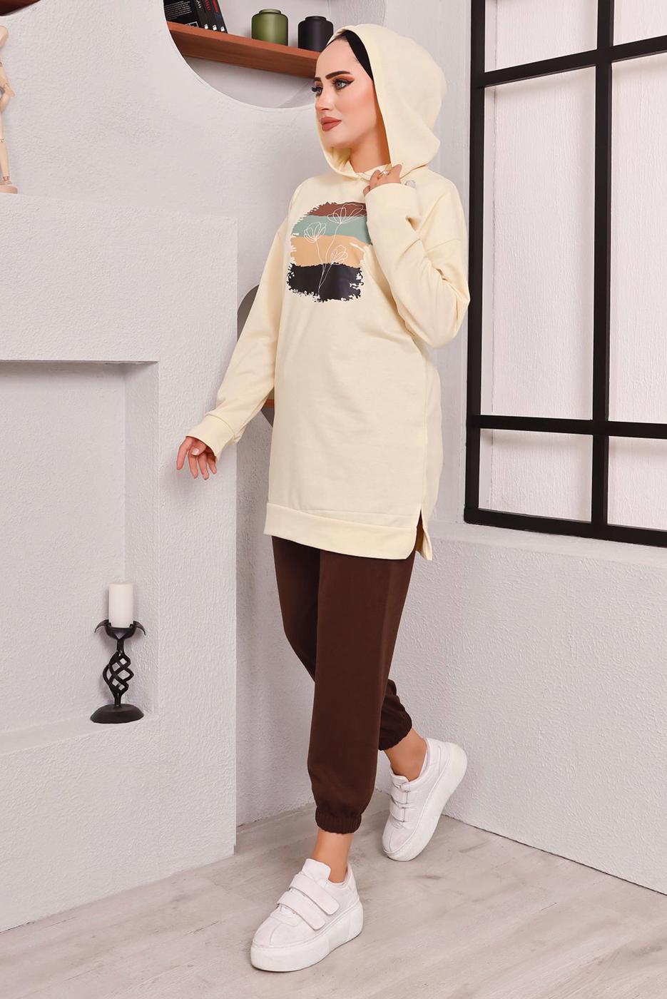 Tesettür giyim KAHVE BASKILI PANTOLONLU TAKIM 9872 