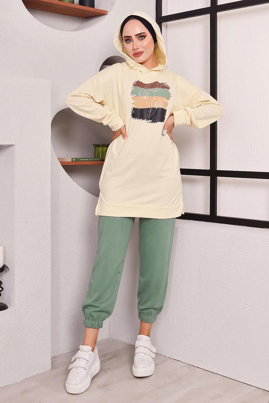 Tesettür giyim YEŞİL BASKILI PANTOLONLU TAKIM 9872 