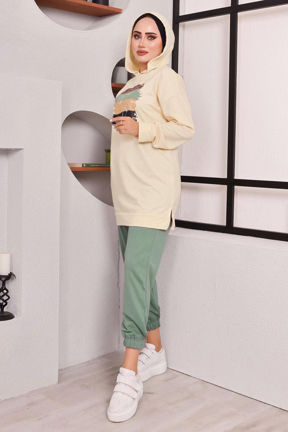 Tesettür giyim YEŞİL BASKILI PANTOLONLU TAKIM 9872 